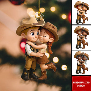Cartoon Style Countryside Couple Cowboy Cowgirl Personalized Christmas Ornament