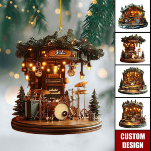Personalized Rustic Musician Christmas Ornament, Mini Band Cabin With Instruments & Holiday Lights