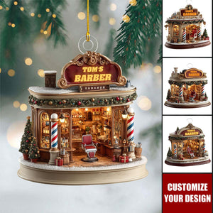 Personalized Barber Shop Christmas Ornament, Red Chair & Barber Poles