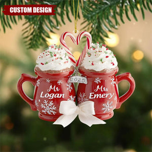 Custom Hot Cocoa Mugs Wedding Couple Christmas Ornament, Wedding Newlywed Decor, Anniversary Gifts for Bride & Groom, Married Keepsake Gift