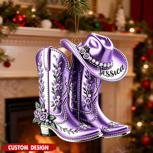 Personalized Cowgirl Boots & Hat Acrylic Christmas ornament - Gift For Cowgirl
