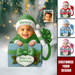 Baby Christmas Gift Box Acrylic Ornament, Personalized Baby Photo Christmas Ornament, Funny Newborn First Christmas Gift
