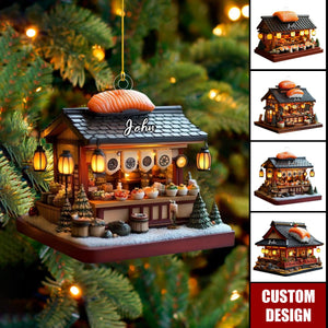 Custom Japanese Sushi Shop Christmas Ornament, Miniature Holiday Market With Salmon & Bowls