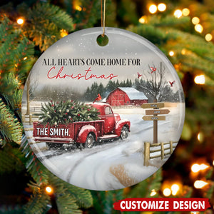 Personalized Red Truck Family Ceramic Christmas Ornament - Gift For Family