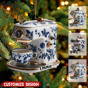 Personalized Coffee Maker Machine Christmas Ornament - Gift For Coffee Maker And Floral Barista