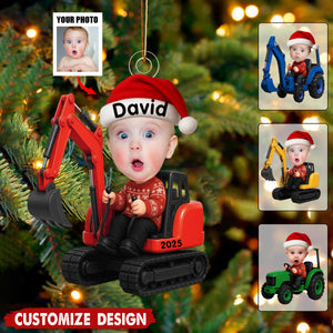 Kid With Construction Vehicle Excavator Backhoe Tractor - Personalized Photo Acrylic Ornament