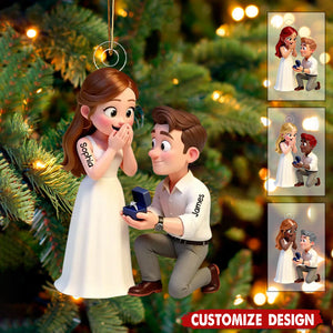 Personalized Cute Cartoon Couple Proposal Christmas Acrylic Ornament - Gift For Couple