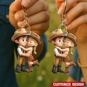 Cartoon Style Countryside Couple Cowboy Cowgirl Personalized Keychain