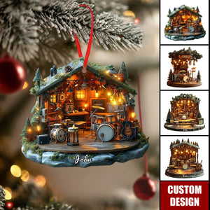 Personalized Rustic Musician Christmas Ornament, Mini Band Cabin With Instruments & Holiday Lights