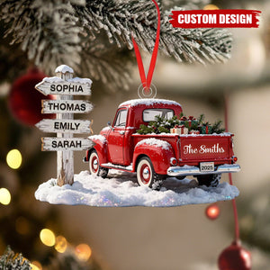 Personalized Red Truck Family Sign Posts Ornament