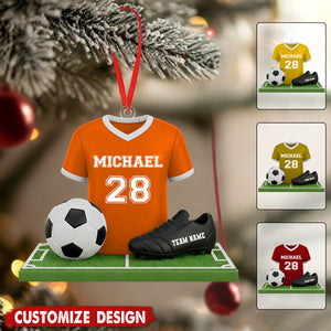 Personalized Soccer Christmas Ornament – Custom Jersey with Name & Number, Soccer Ball, Cleats Gift for Players