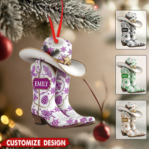 Personalized Name Cow Girl Boot Christmas Ornament - Gift For Cowgirl