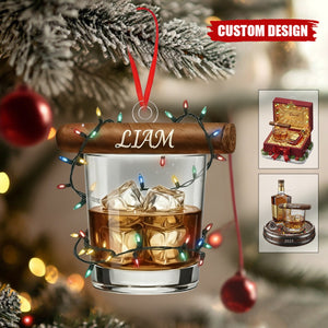 Personalized Whiskey Glass and Cigar Ornament – Gentlemen Christmas Gift for Him