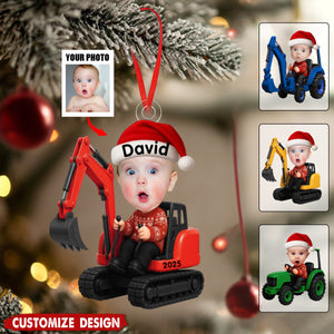 Kid With Construction Vehicle Excavator Backhoe Tractor - Personalized Photo Acrylic Ornament