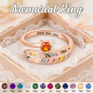 In Loving Memory - Personalized Feather Birthstone Memorial Ring