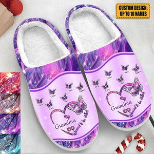 Sparkling Grandma- Mom Heart Butterfly Kids Personalized Fluffy Slippers
