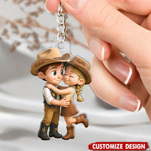Cartoon Style Countryside Couple Cowboy Cowgirl Personalized Keychain
