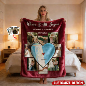 Where It All Began - Personalized Blanket With Location Map - Perfect Valentines Or Anniversary Gift For Couple