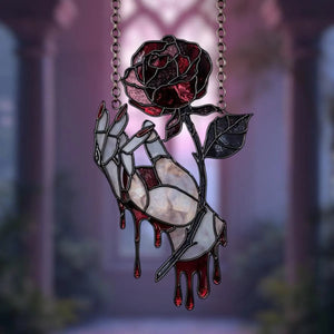 Gothic Bloody Rose Hand Acrylic Suncatcher - Faux Stained Glass Window Hanging, Gothic Vampire Decor, Unique Gift For Dark Romance Lovers