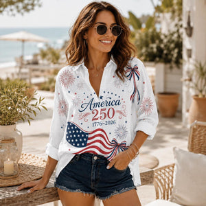 Retro American Flag Women Top Shirt - USA 250th Anniversary Blouse Shirt