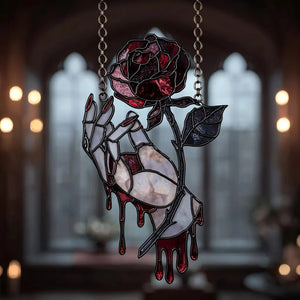 Gothic Bloody Rose Hand Acrylic Suncatcher - Faux Stained Glass Window Hanging, Gothic Vampire Decor, Unique Gift For Dark Romance Lovers