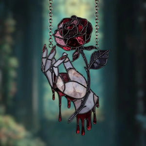 Gothic Bloody Rose Hand Acrylic Suncatcher - Faux Stained Glass Window Hanging, Gothic Vampire Decor, Unique Gift For Dark Romance Lovers