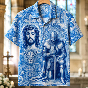 Kneeling Knight Toile de Jouy Hawaiian Shirt - Personalized Gifts For Christian Hawaiian Shirt