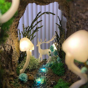 Enchanted Forest Mushroom Miniature Cave with Creek & Deer Handmade Night Light