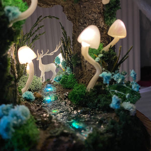 Enchanted Forest Mushroom Miniature Cave with Creek & Deer Handmade Night Light