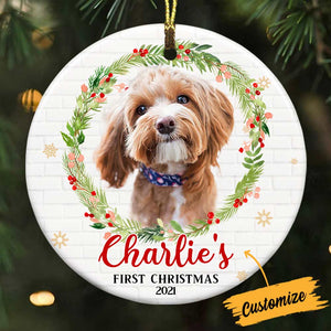 Personalized Dog Christmas Wreath Circle Ceramic Ornament