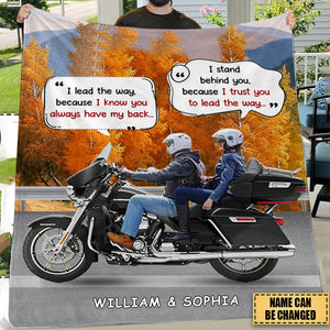 I Lead The Way Because I Know You Always Have My Back, Blanket Couple Motorcycle Forever Personalized Fleece Blanket