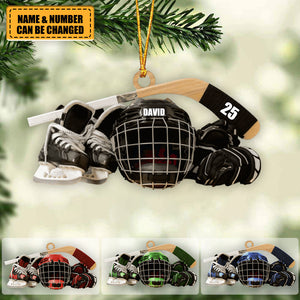 Personalized Hockey Skates Helmet And Stick Ornament - Gift For Hockey Lover