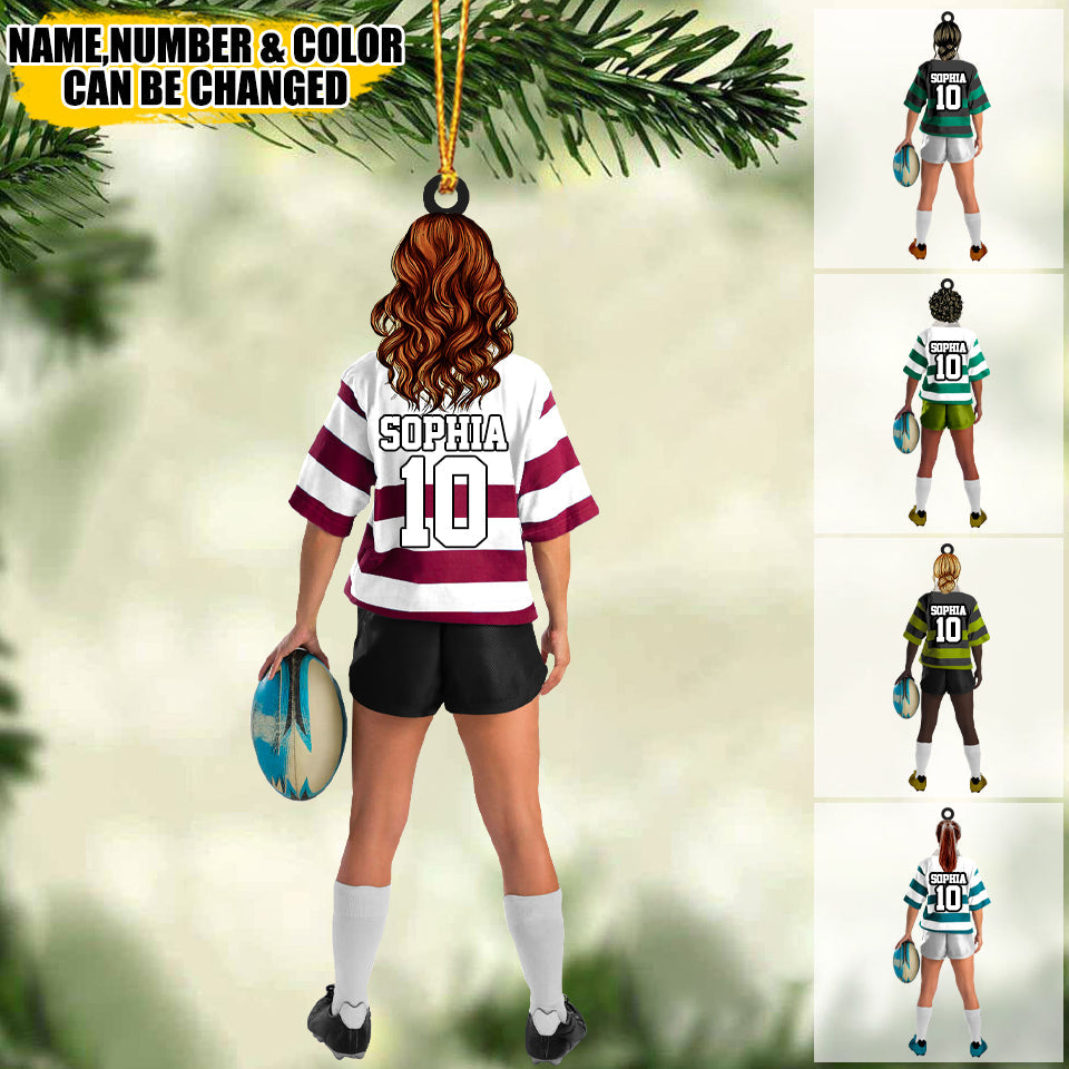 Personalized Rugby Female/Girl/Woman Player Acrylic Christmas Ornament - Gift For Rugby Players