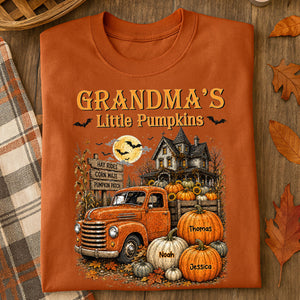 Retro Vintage Farmhouse Halloween Town Style Grandma's Little Pumpkins Truck - Personalized Shirt - Halloween Gift For Family