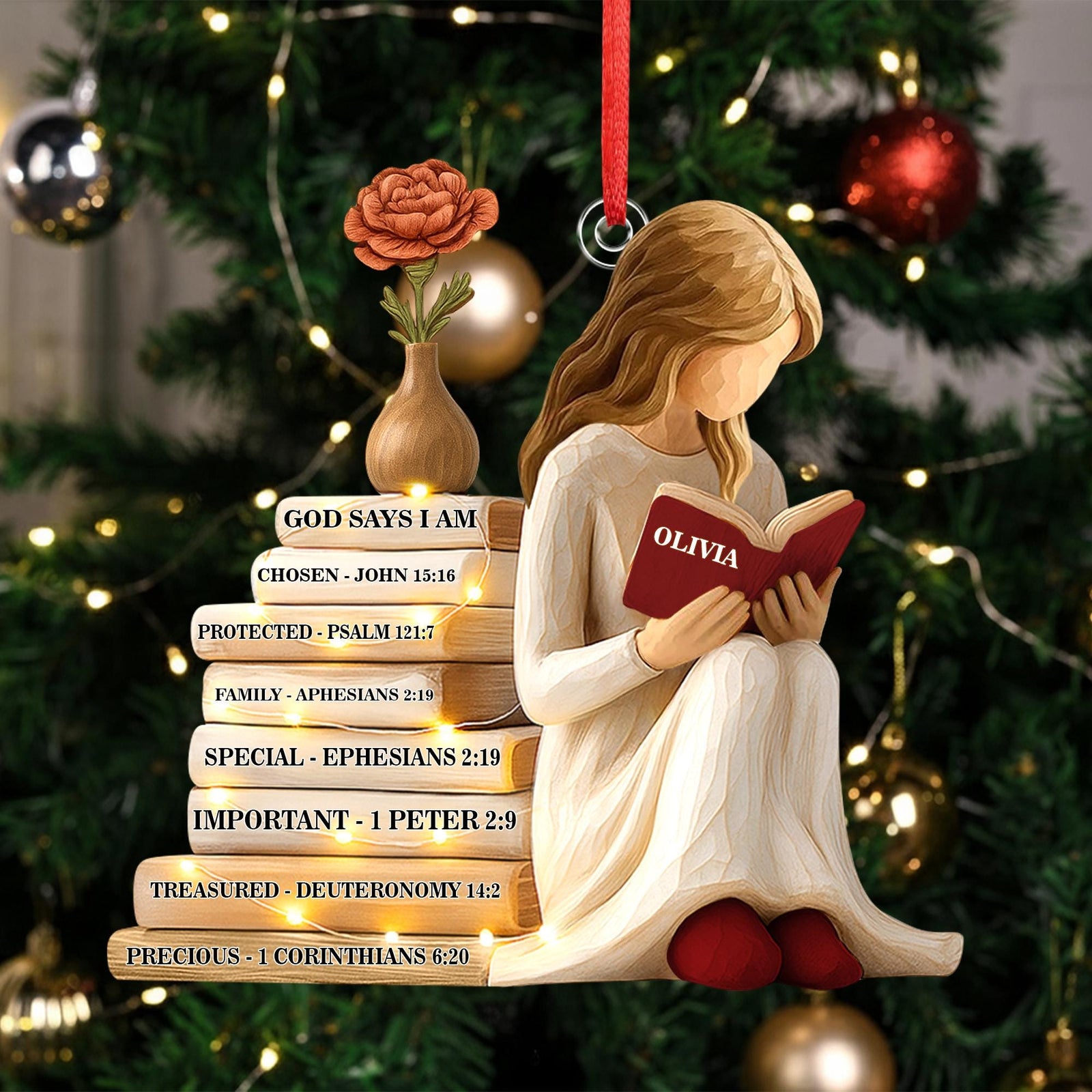 Personalized God Says I Am Ornament, Christmas Ornament for Readers, Custom Birth Month Flower and Name Keepsake