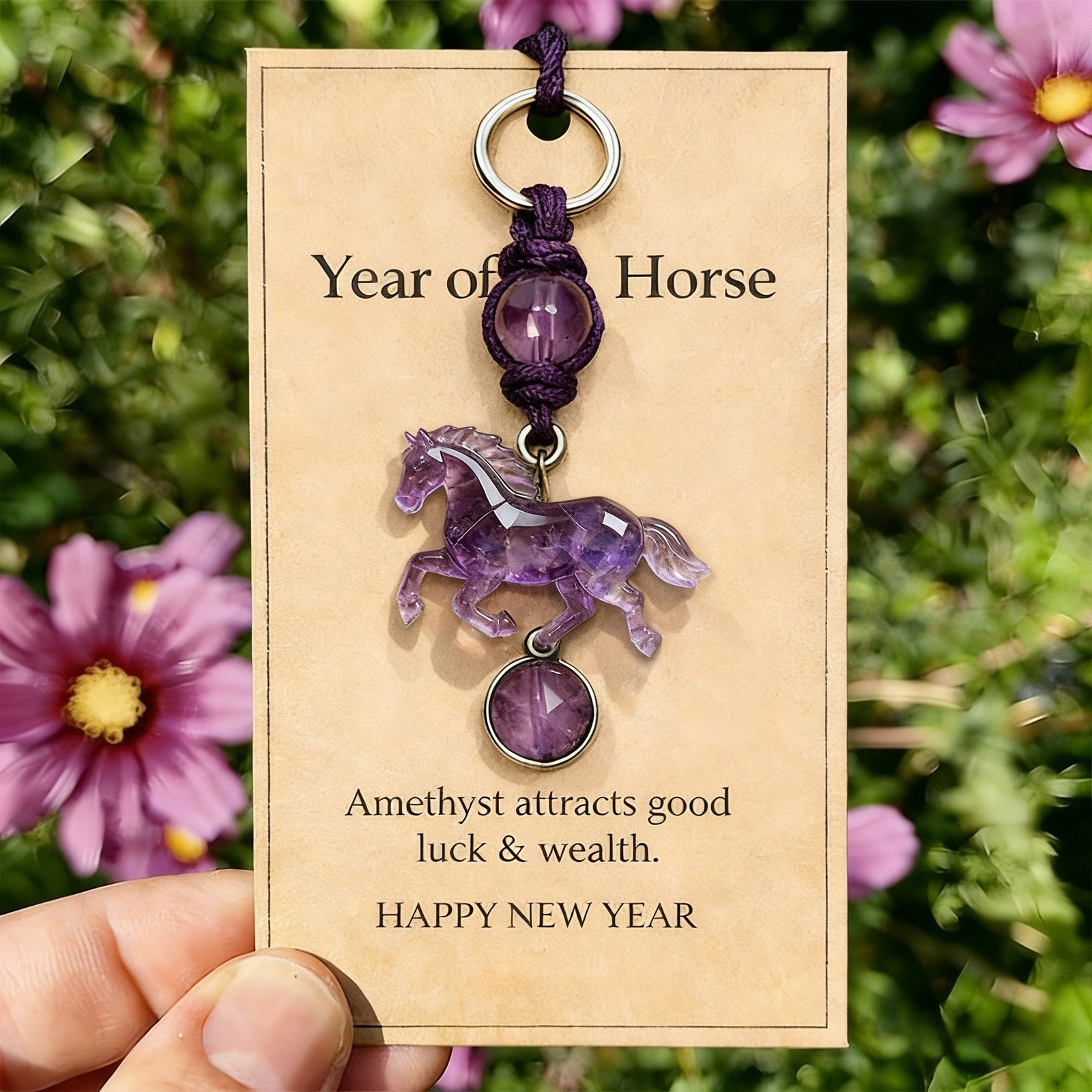 Lucky Amethyst Crystal Horse Keychain - A Symbol of Wisdom & Success
