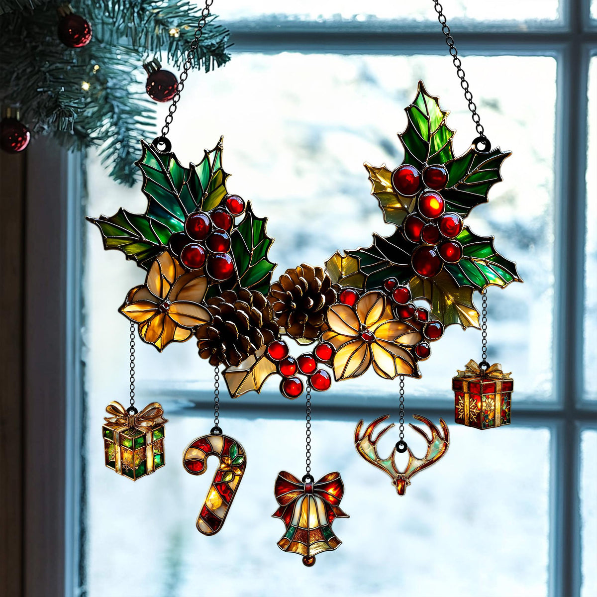 Holly & Pinecone Christmas Acrylic Suncatcher – Festive Winter Gift 2025 Christmas Ornament