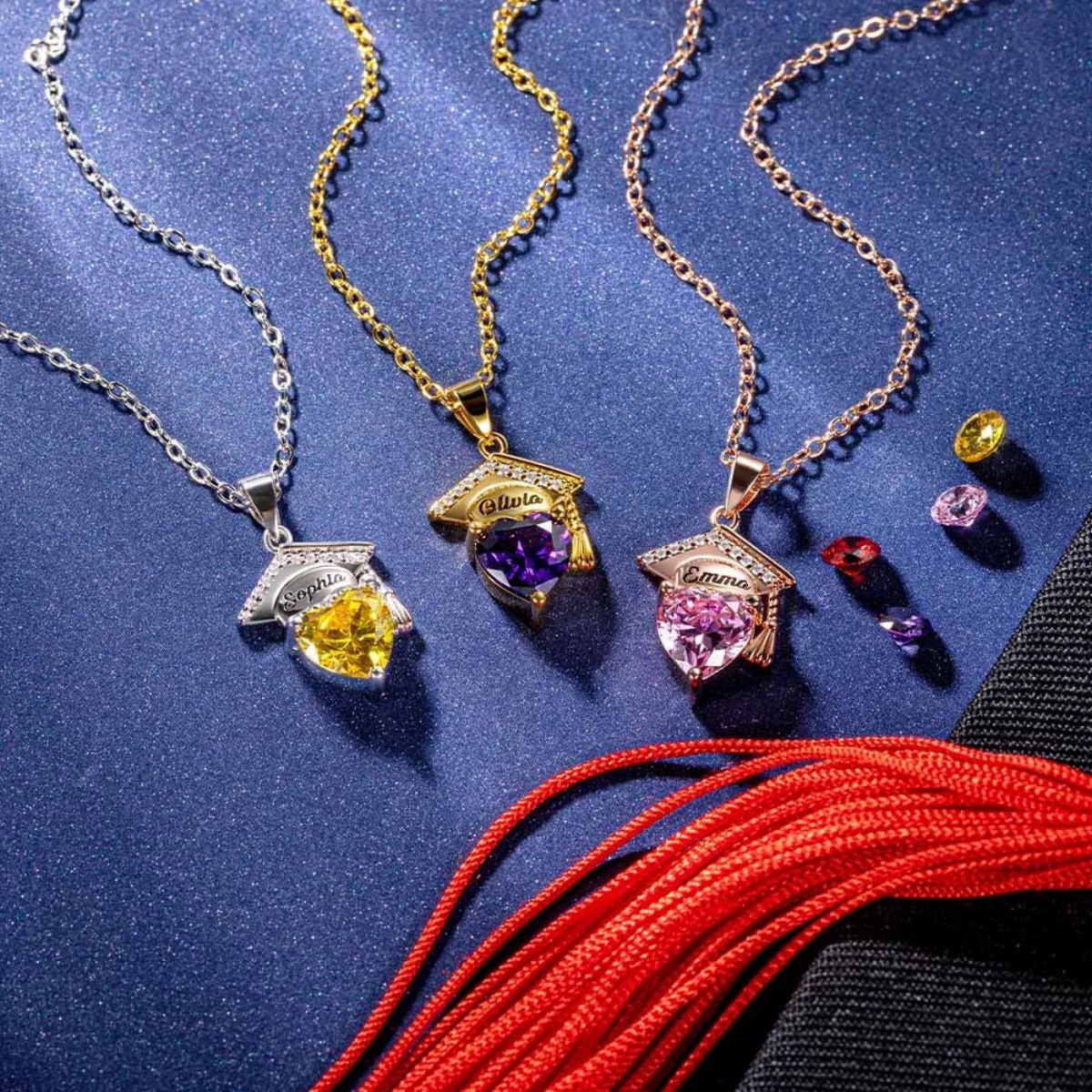 Personalized Graduation Cap Heart Birthstone Necklace, Graduation Gift for Class of 2026 Graduates