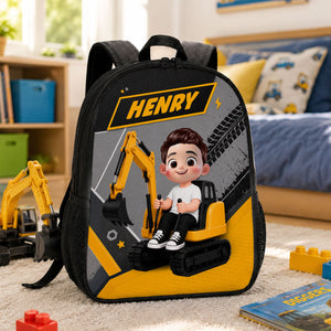 Cute Kid Ride Excavator - Personalized Backpack - Back To School Gift For Kids, Grandkids