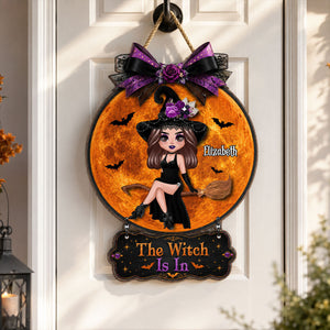 The Witch Is In Witch On Broom - Personalized Door Hanger Sign - Halloween Decor, Wicca Pagan Decor For Witches