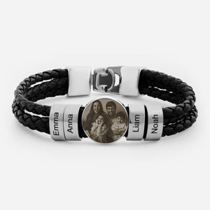 Leather Photo Men Bracelet with Name Beads - Personalized Gifts for Dad Grandpa