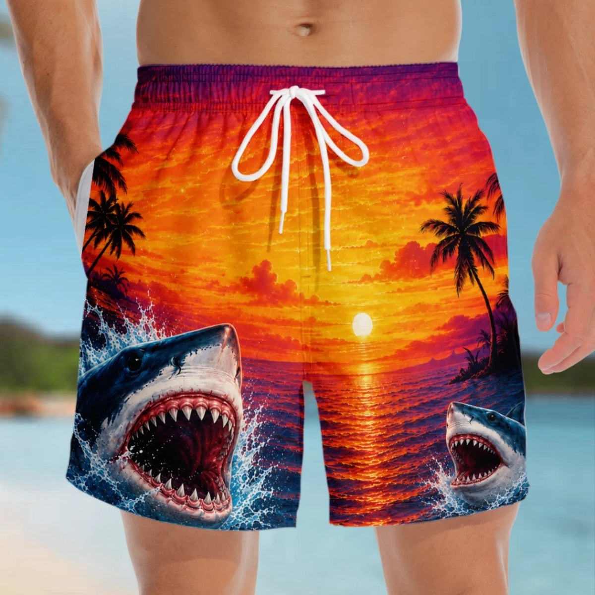 Custom Funny Men Swim Trunks - Personalized Birthday Gifts For Husband, Son, Grandson, Brother, Grandpa, Dad, Yourself - Watch Out For Sharks