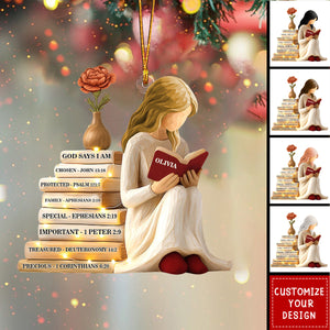 Personalized God Says I Am Ornament, Christmas Ornament for Readers, Custom Birth Month Flower and Name Keepsake