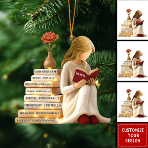 Personalized God Says I Am Ornament, Christmas Ornament for Readers, Custom Birth Month Flower and Name Keepsake