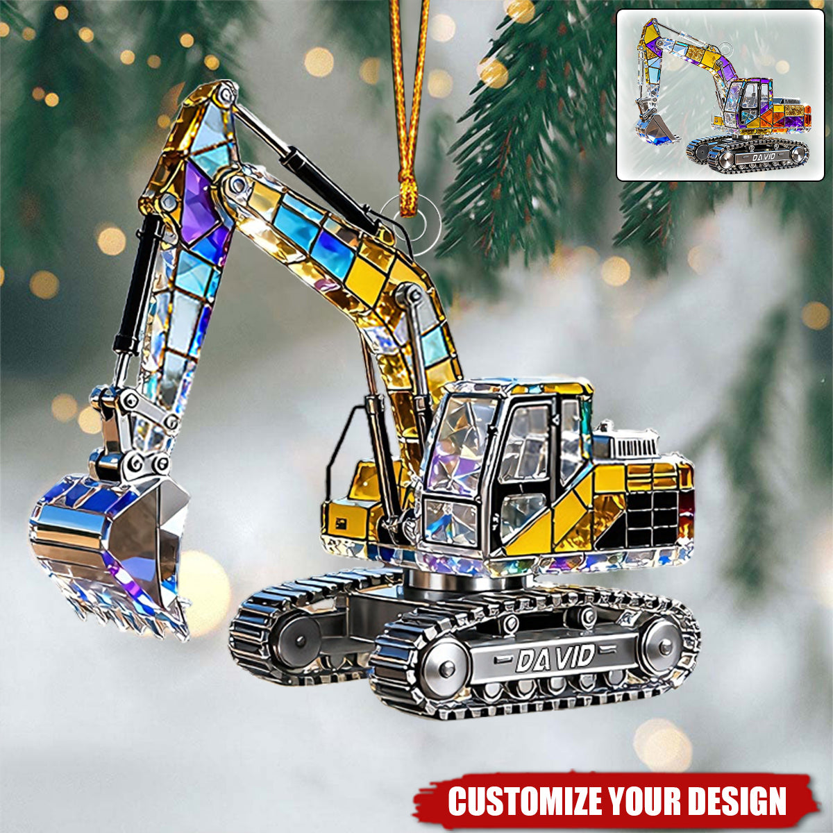 Personalized Stained Glass Excavator Heavy Equipment Ornament