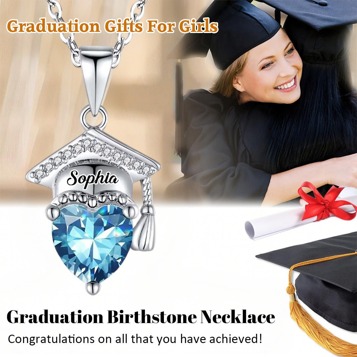 Personalized Graduation Cap Heart Birthstone Necklace, Graduation Gift for Class of 2026 Graduates