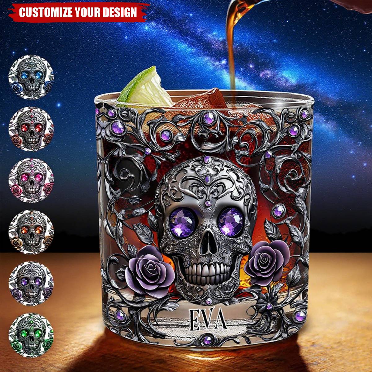 Beautiful Skull And Roses - Personalized Skull Whiskey Glass