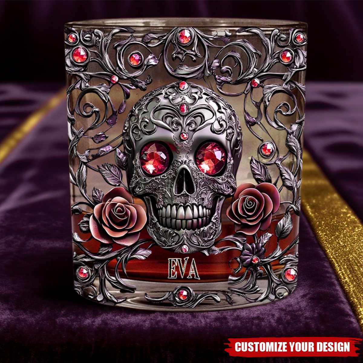 Beautiful Skull And Roses - Personalized Skull Whiskey Glass