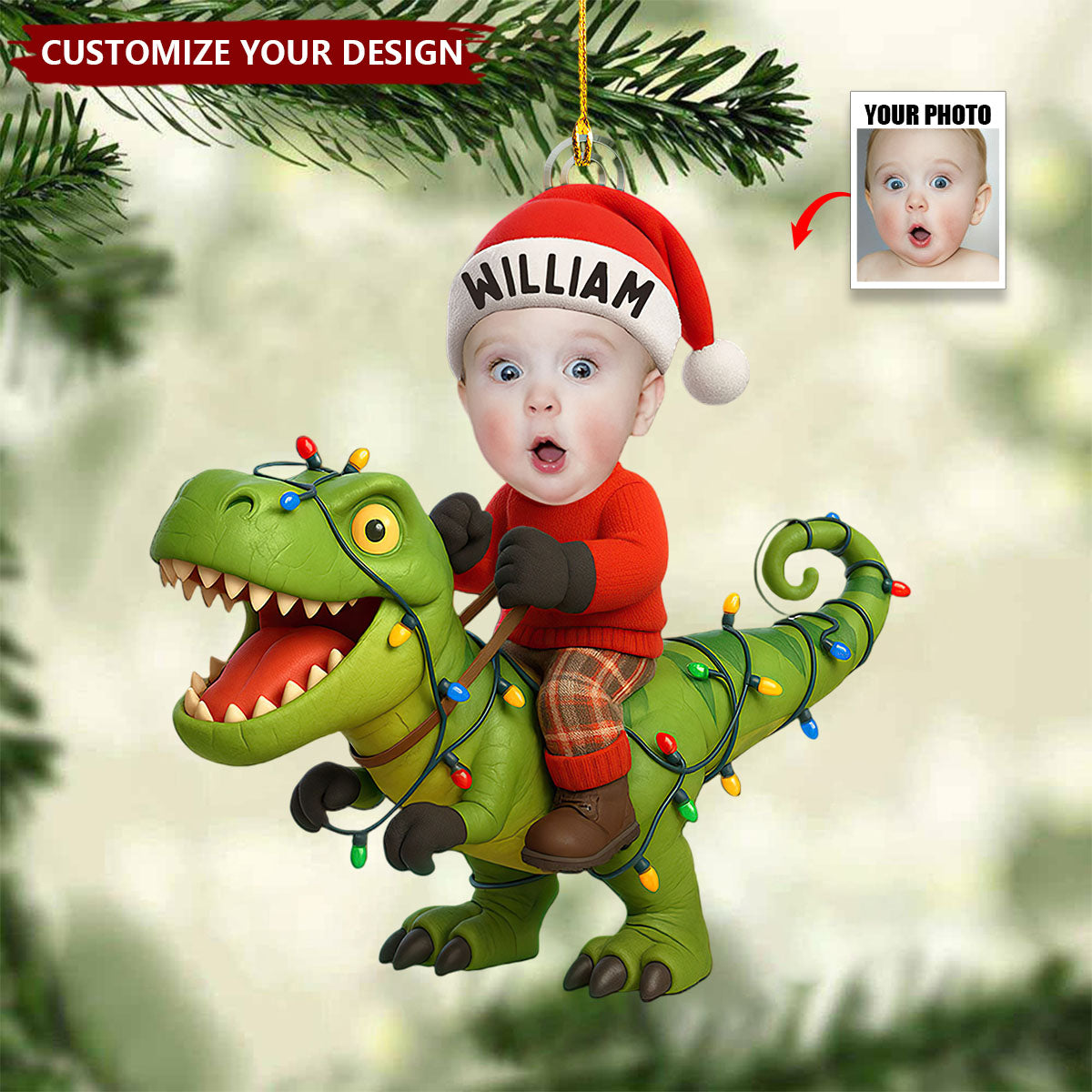 Personalized Kid Photo With Dinosaur Ornament, Funny Dinosaur Gift For Kid