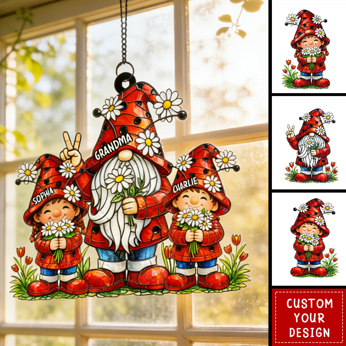 Grandma Grandkids Daisy Flowers - Personalized Window Hanging Suncatcher Ornament - Gift For Grandma
